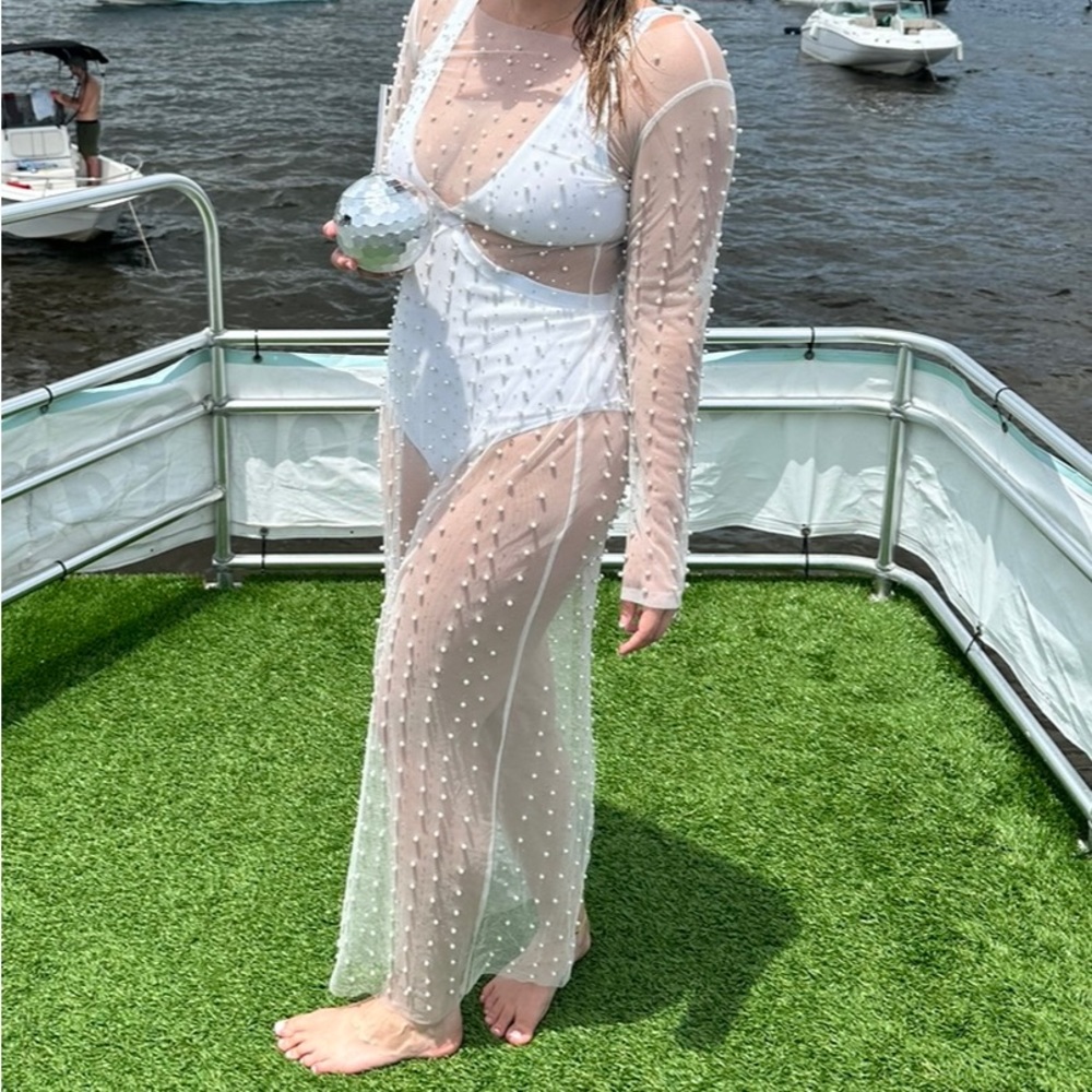 Sheer Mesh Pearl Rhinestone Cover Up